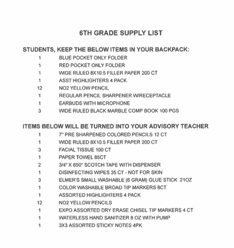 6th Grade List